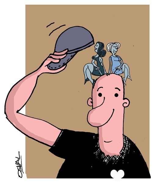 Caricatura de un hombre calvo quitándose la gorra