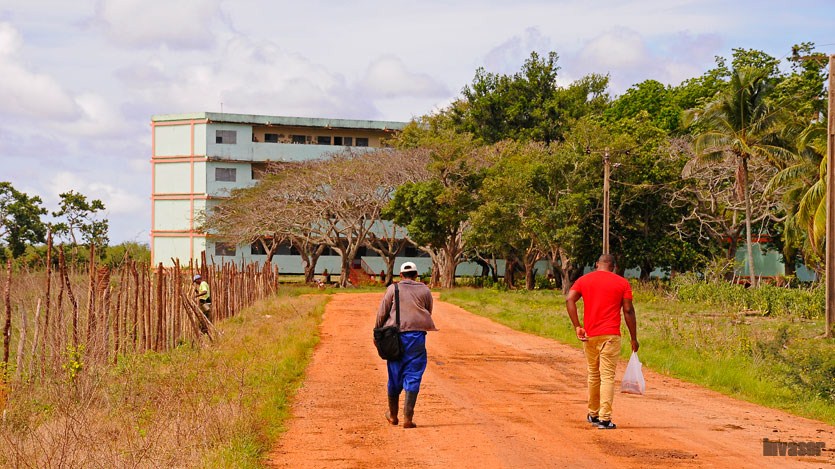 Hombres caminan hacia escuela al campo