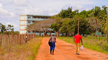 Hombres caminan hacia escuela al campo