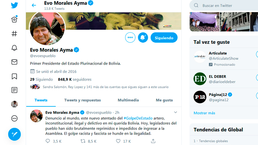 Evo Morales, Twitter