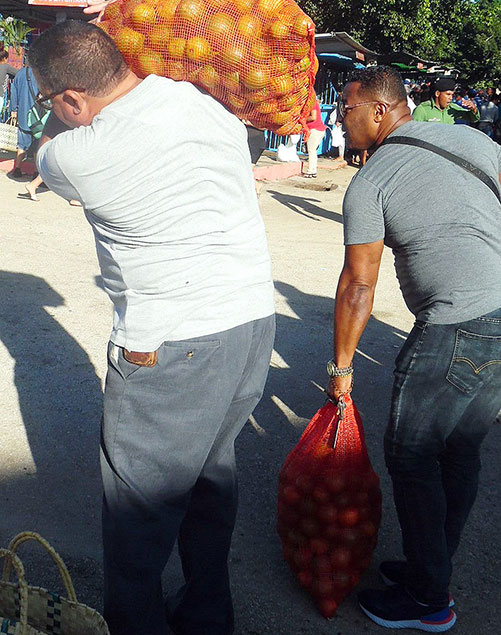 Hombres con sacos de naranja