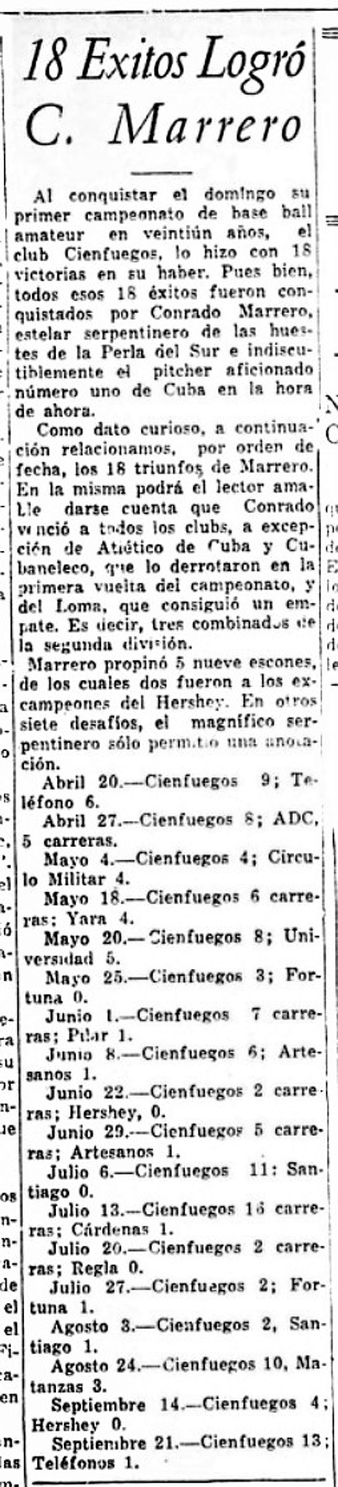 Las 18 victorias del Cienfuegos en Hoy p